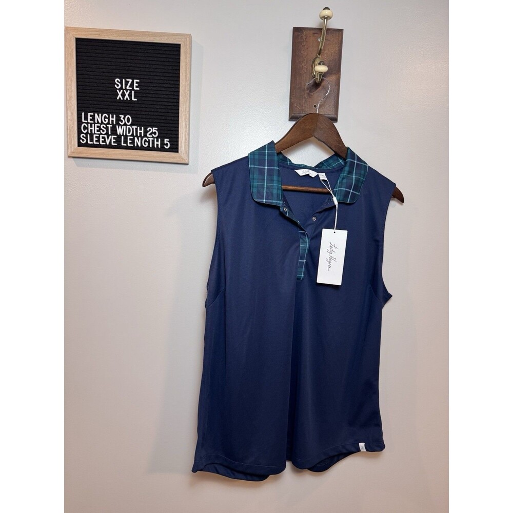 Lady Hagen XXL Navy Green Plaid Sleeveless Polo HydroDri Golf Shirt New With Tag